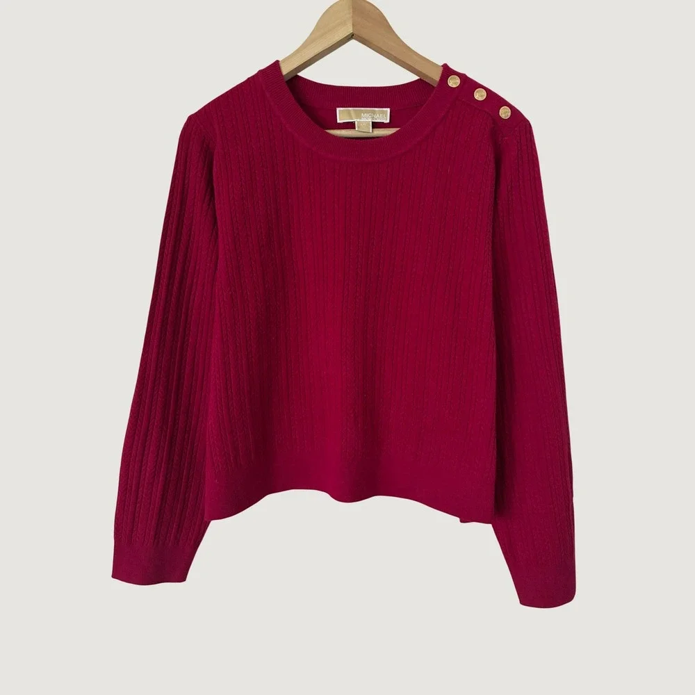 Michael Michael Kors Pink Cable Knit Shoulder Button Sweater Magenta Large